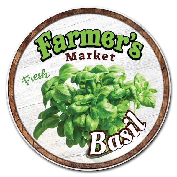 Corrugated Plastic Sign With Stakes 24in Circular-Farmers Market Basil, C-24-CIR-WS-Basil